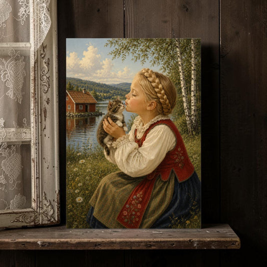 Flicka med kattunge vid sjön – Svensk idyll i tidlös berättarstil