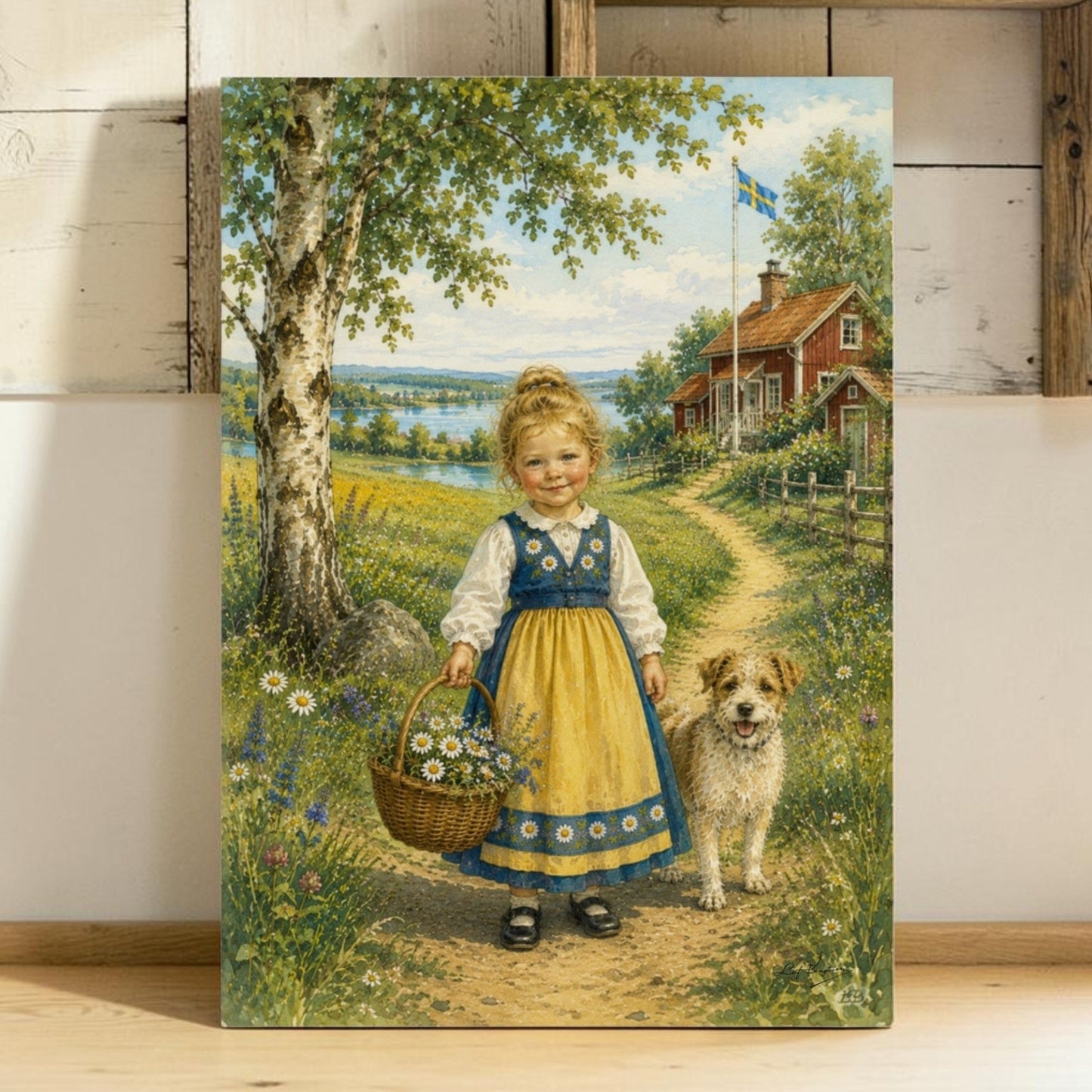 Svensk sommaridyll – Flicka i folkdräkt med hund