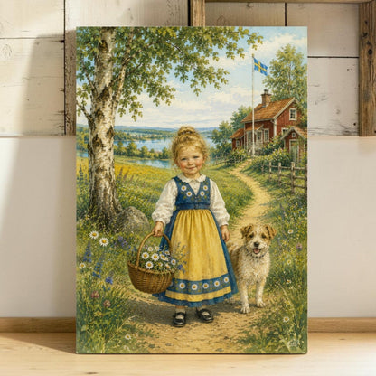 Svensk sommaridyll – Flicka i folkdräkt med hund