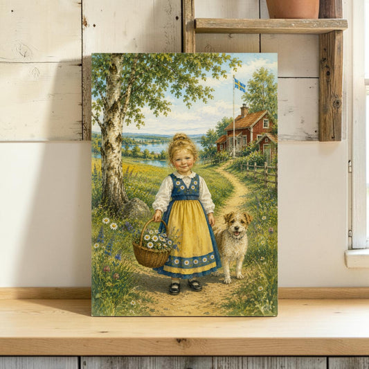 Svensk sommaridyll – Flicka i folkdräkt med hund