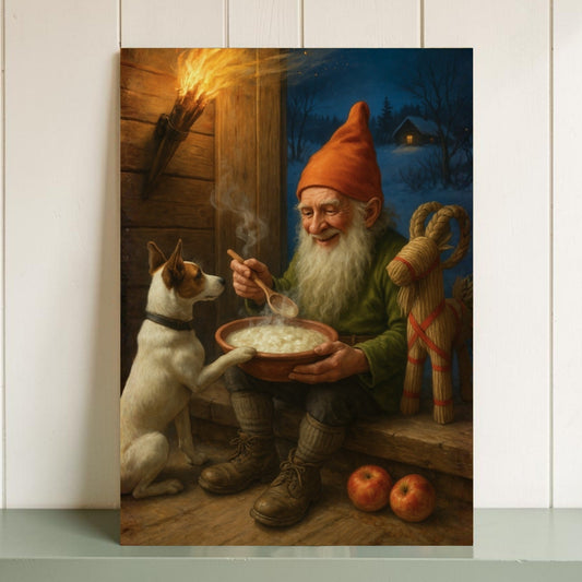 Tomte med hund och halmbock – Stämningsfull nordisk vinterkonst