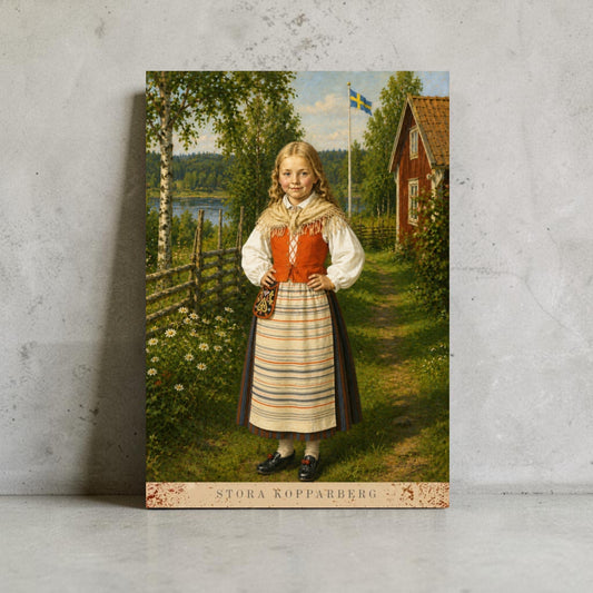 Flicka från Stora Kopparberg – Svensk folkdräkt från Dalarna (40×28 cm)