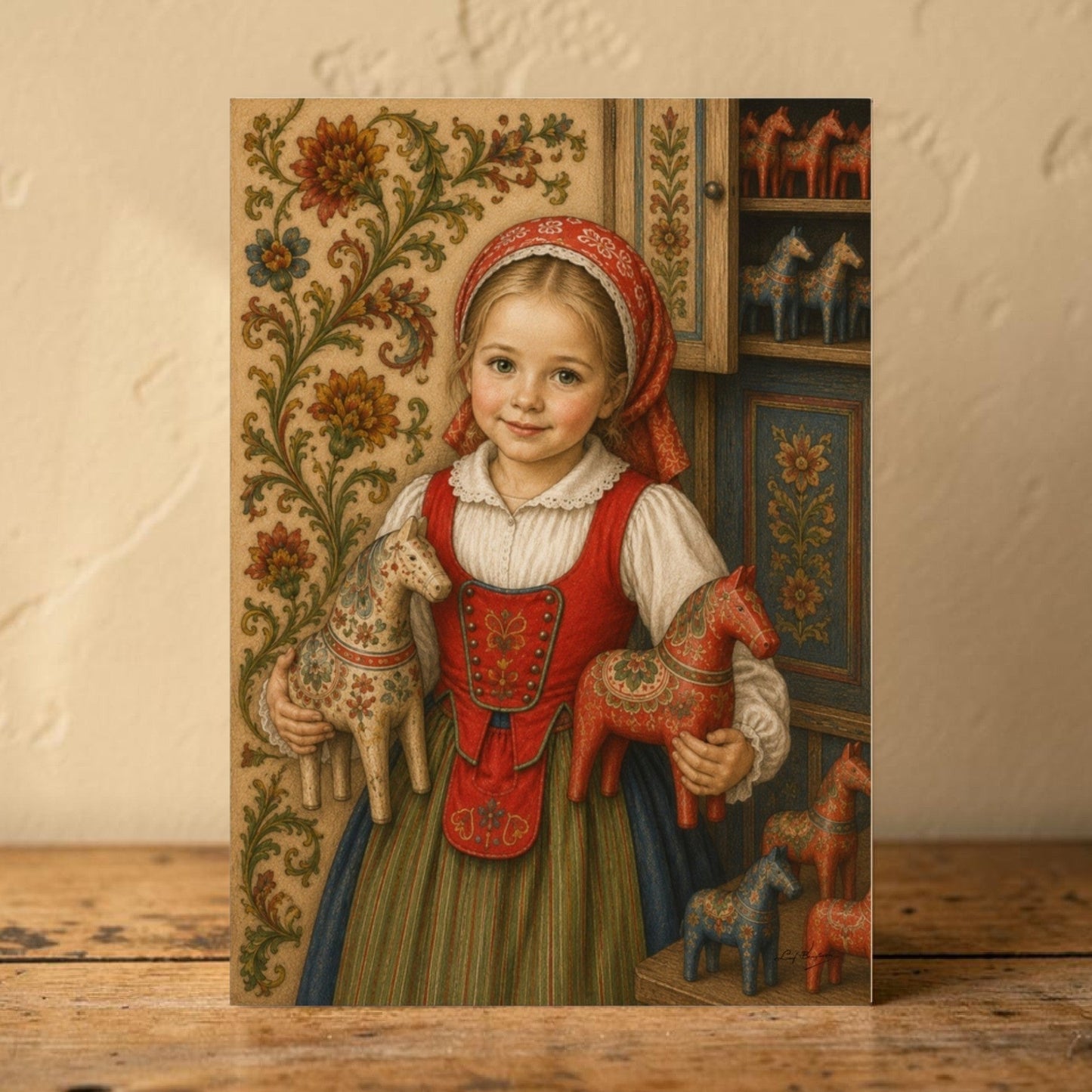 Flicka med dalahästar – Svensk folkkonst i tidlös berättarstil