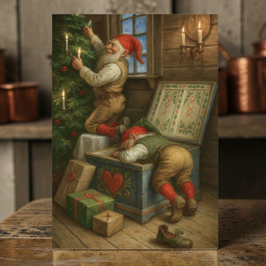 Jultomtar vid granen – Stämningsfull tavla i klassisk nordisk sagostil